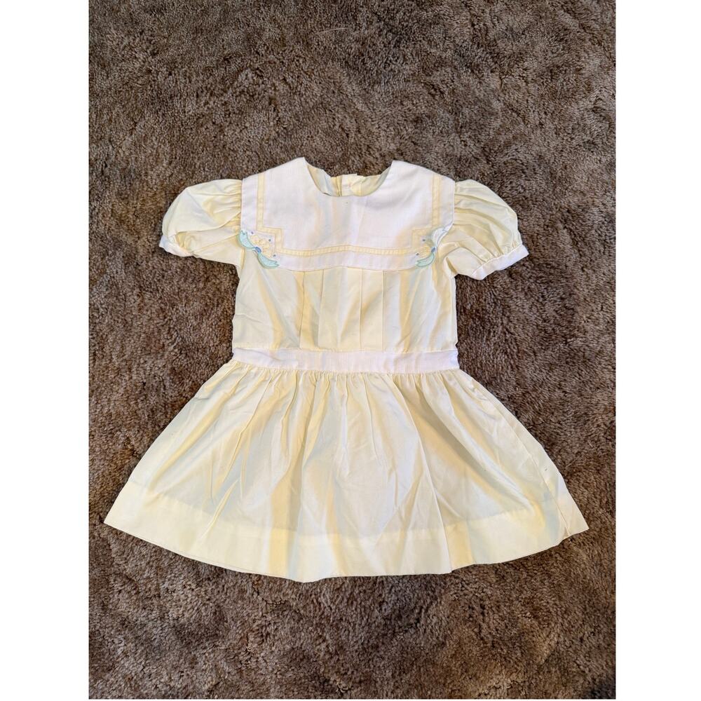 Vintage Petit Ami Pale Butter Yellow Dress with Embroidered Bib Collar Baby Girl